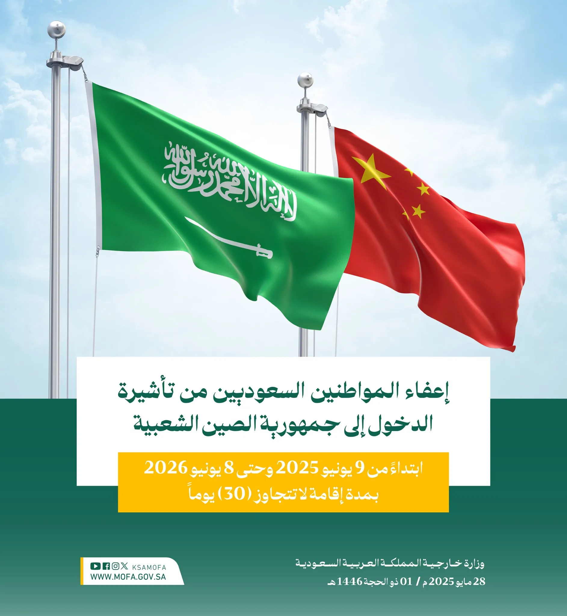وزارة خارجية المملكة تثمن اعلان جمهورية الصين الشعبية اعفاء المواطنين السعوديين من تأشيرات الدخول