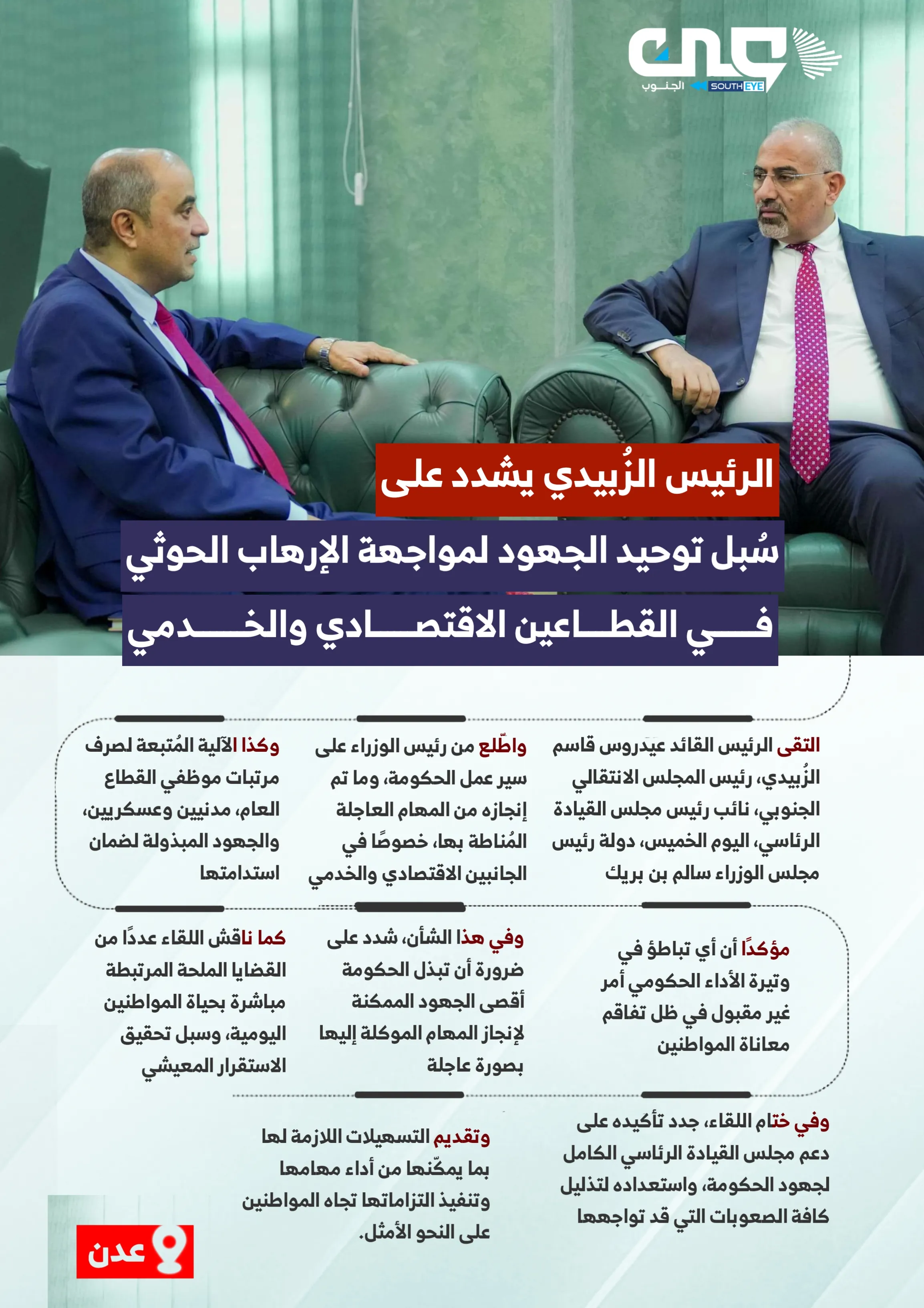 الرئيس الزُبيدي يشدد على تسريع وتيرة الأداء الحكومي في اقطاعين الاقتصادي والخدمي
