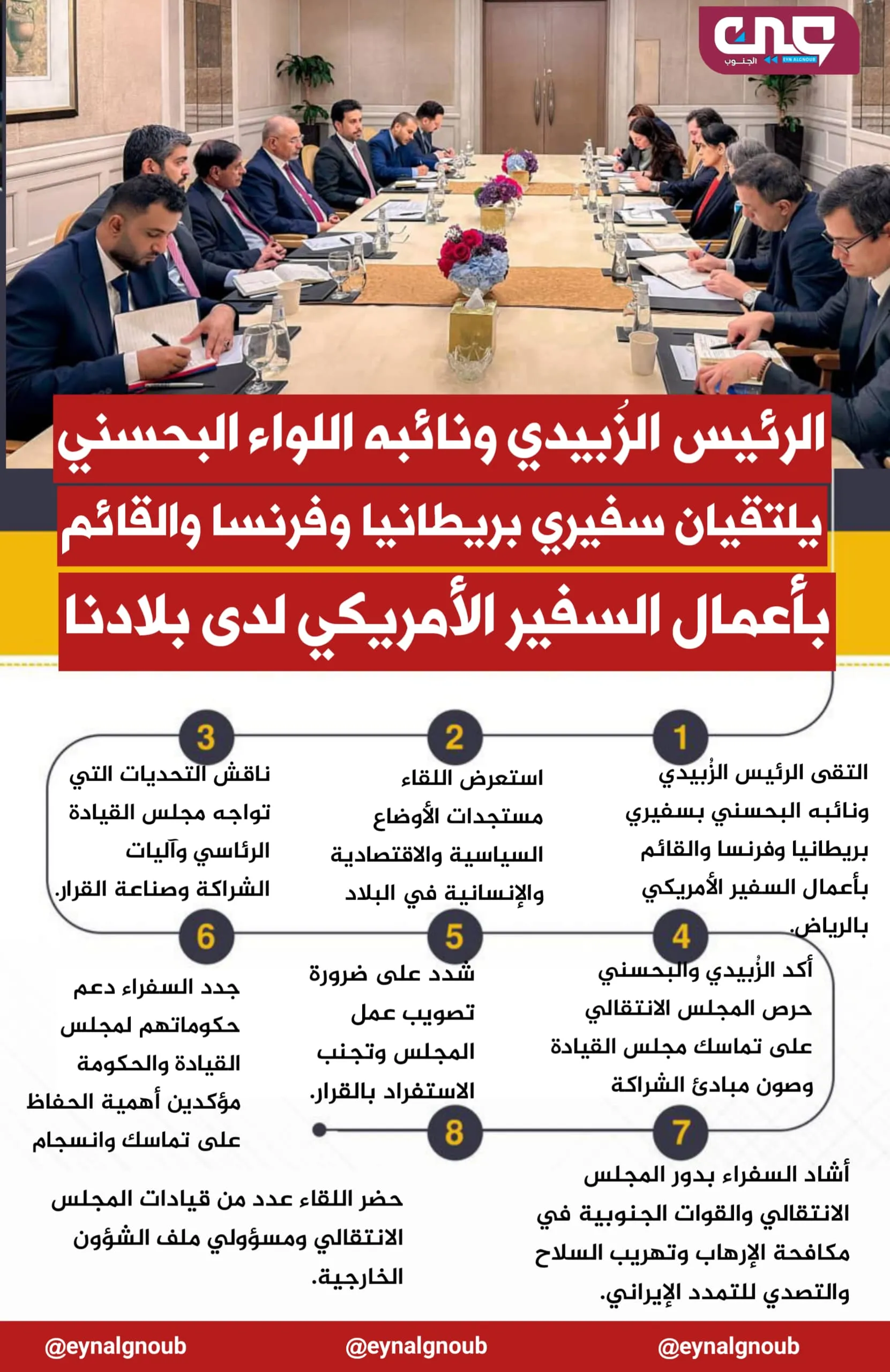 الرئيس الزُبيدي ونائبه اللواء البحسني يلتقيان سفيري بريطانيا وفرنسا والقائم بأعمال السفير الأمريكي لدى بلادنا.