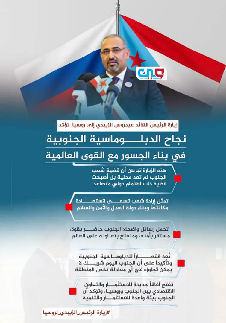 زيارة الرئيس القائد عيدروس الزُبيدي الى روسيا نجاح الدبلوماسية الجنوبية في بناء جسور مع القوى العالمية