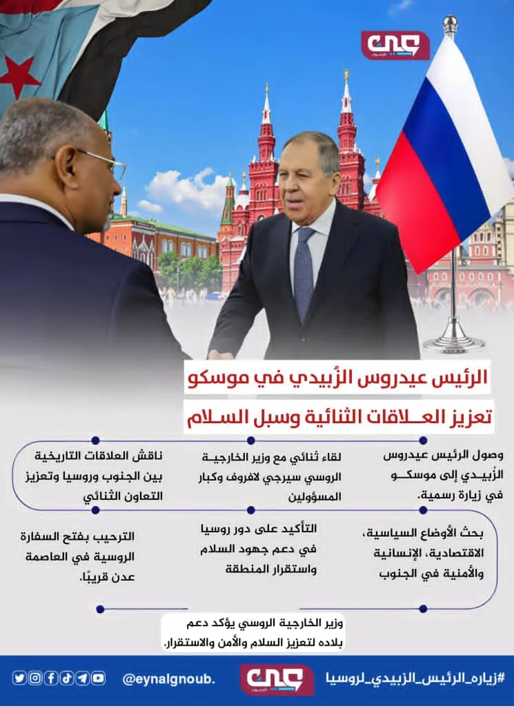 الرئيس عيدروس الزُبيدي في موسكو تعزيز العلاقات الثنائية وسبل السلام