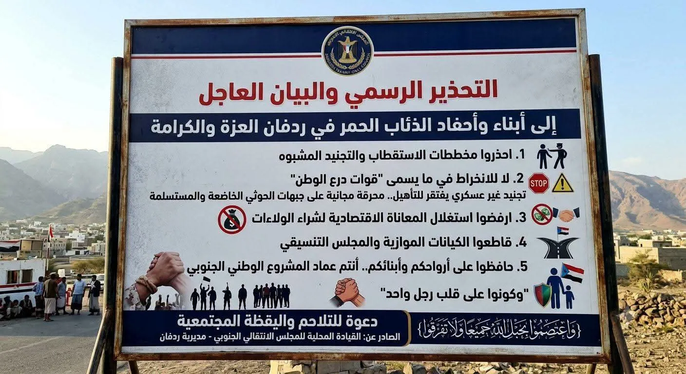 القيادة المحلية للمجلس الانتقالي الجنوبي في ردفان تحذر من مخططات الاستقطاب والتجنيد المشبوه