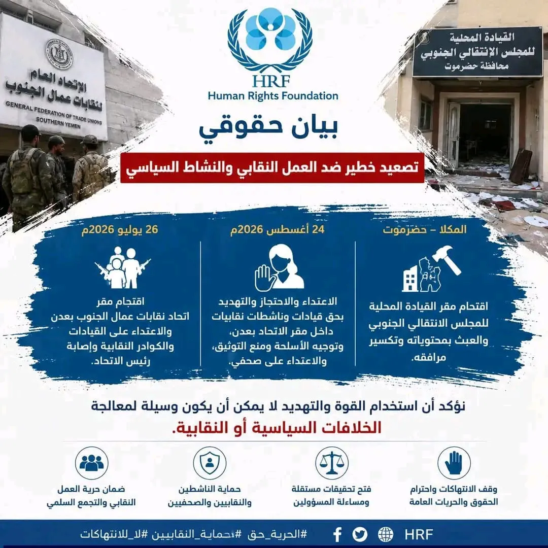 بيان حقوقي | تصعيد مقلق يطال العمل النقابي والنشاط السياسي في عدن والمكلا.